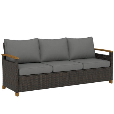 Canapé d'extérieur 3 places, canapé de patio en osier PE avec assise large et profonde, coussins en mousse de 4 po, accoudoirs et pieds effet bois, mobilier de patio pour le jardin, la cour, le porche, gris