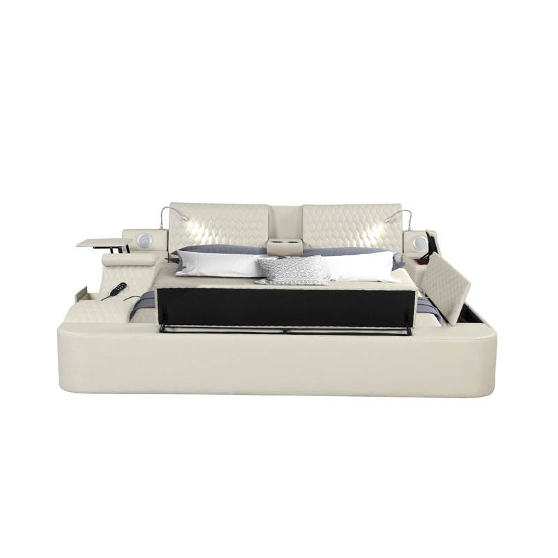 Lit masseur intelligent Smart en bois et similicuir, Beige, Grand lit
