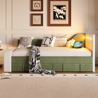 Daybed With Storage, Twin Day Bed Frame With Drawers, Charging Station & Led, Sofa Bed For Bedroom, Living Room, Guest Room, Pu Leather, Green by Wrought Studio