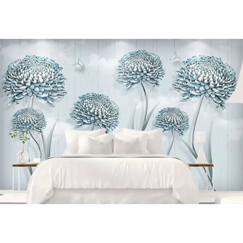 Papier peint rétro rétro avec fleurs bleu pissenlit, L 35,04 po x l 55 po