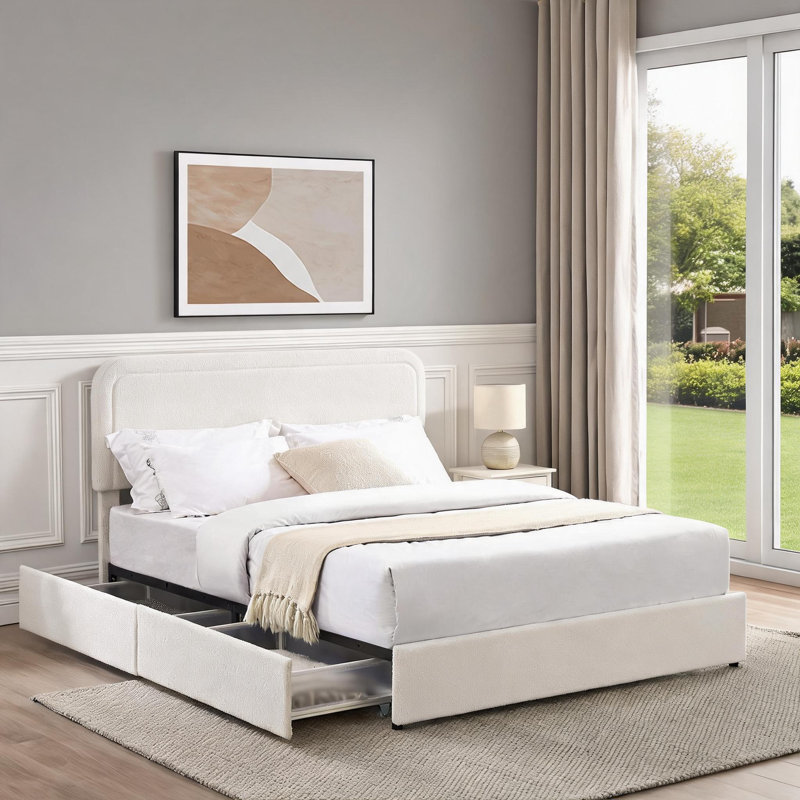 Lit plateforme tapissier avec rangement et grand lit Linen Beige
