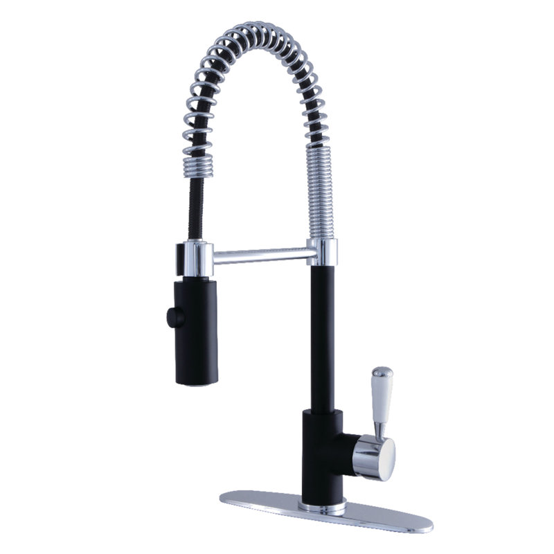 Kingston Brass Paris Single-Handle 1-Hole Deck Mount Pre-Rinse Kitchen Faucet, Matte Black/Polished Chrome