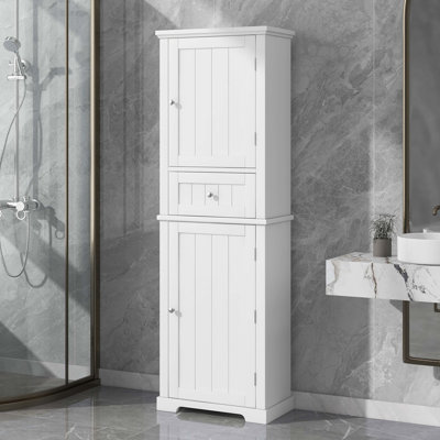 Grande armoire de rangement pour salle de bain, armoire de rangement autoportante avec tiroir et tablette réglable, panneau de fibres à densité moyenne avec finition peinte, blanc