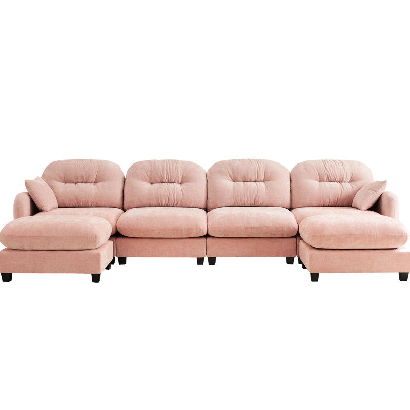 Canapé modulaire rose à 4 places avec configuration en forme de U et tissu chenille confortable, ensemble de ressorts ergonomique, coussin plissé, idéal pour les salons Matériau respirant à 4 places