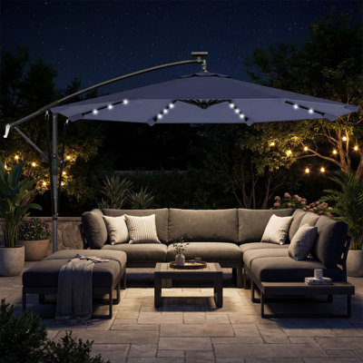 Parasol de patio en porte-à-faux 9,7 pi à DEL solaire bleu foncé