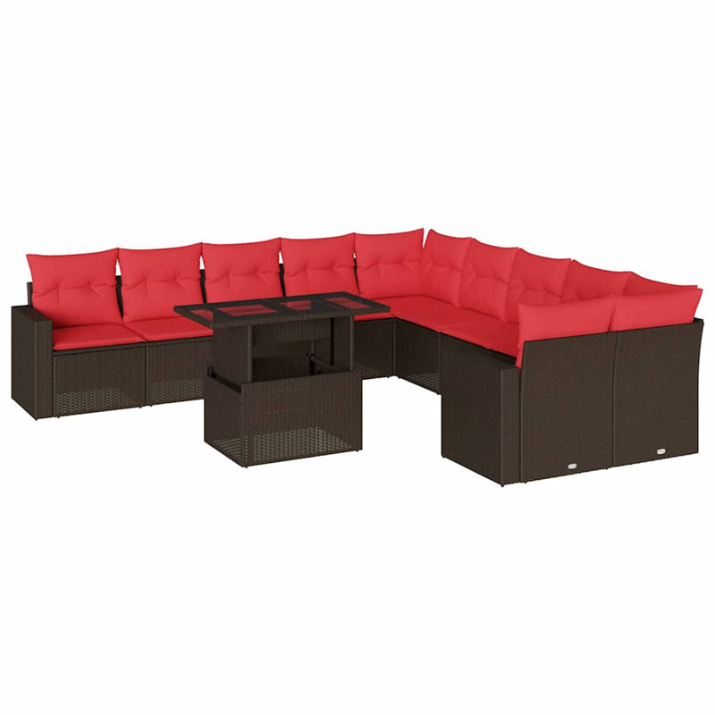 Ensemble de canapé de patio 11 pièces avec coussins en rotin de polyester, Rouge, Brun