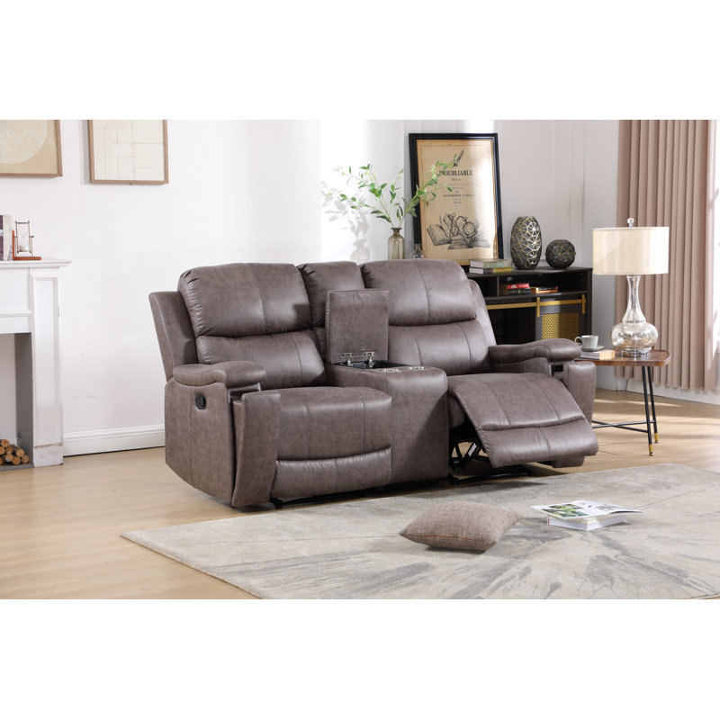 75.2'' Wide Classic Leather Reclining Sectional, Loveseat Recliner With Storage & Cup Holders, Mocha