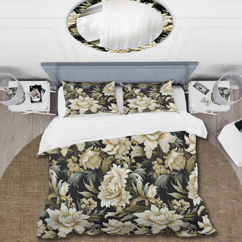 Victorian Green And White Damask Grand I - Ensemble de housse de couette en damas