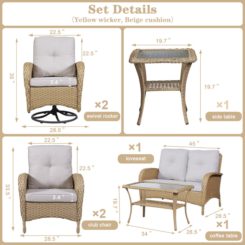 8 - Person Patio Conversation Set with Cushions, Beige, Natural