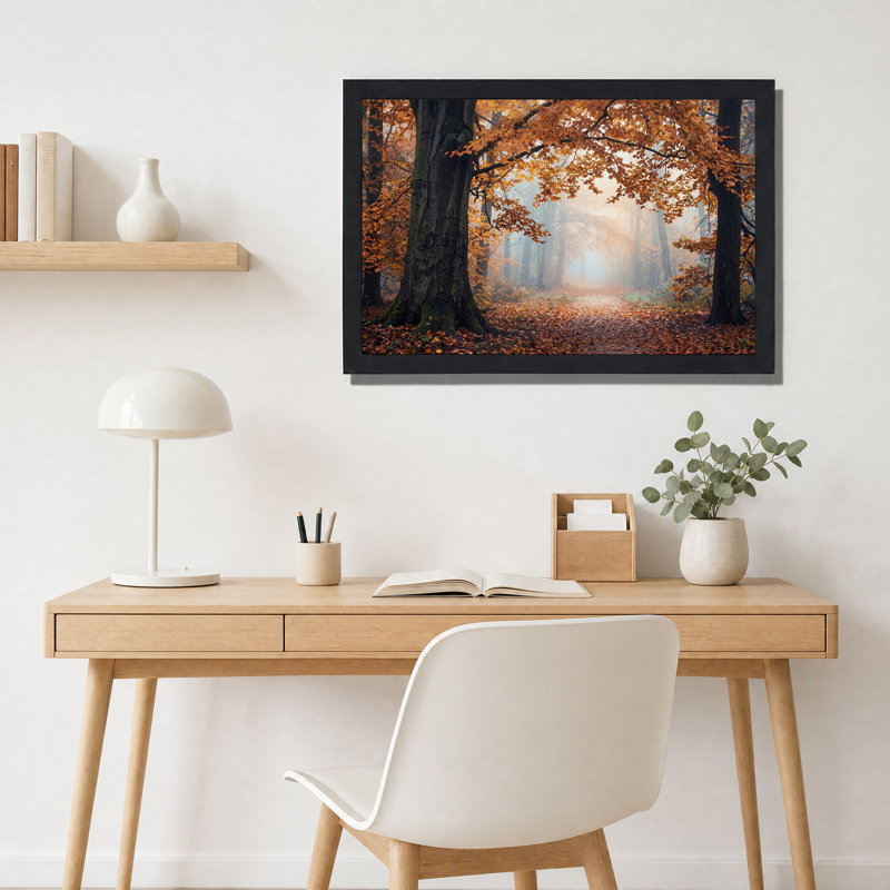 Tableau sur toile Chemin de forêt d'automne doré à travers la brume, H 12 po x l 18 po