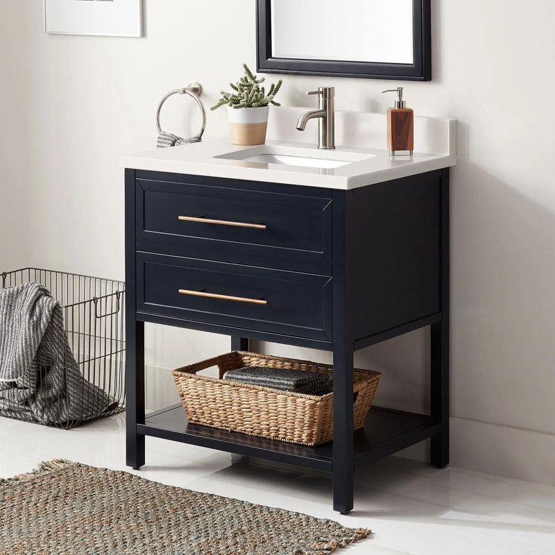 30" Robertson Single Bathroom Vanity Set with Oval Undermount Sink, Midnight Navy Blue, Arctic White Quartz, 8" Widespread