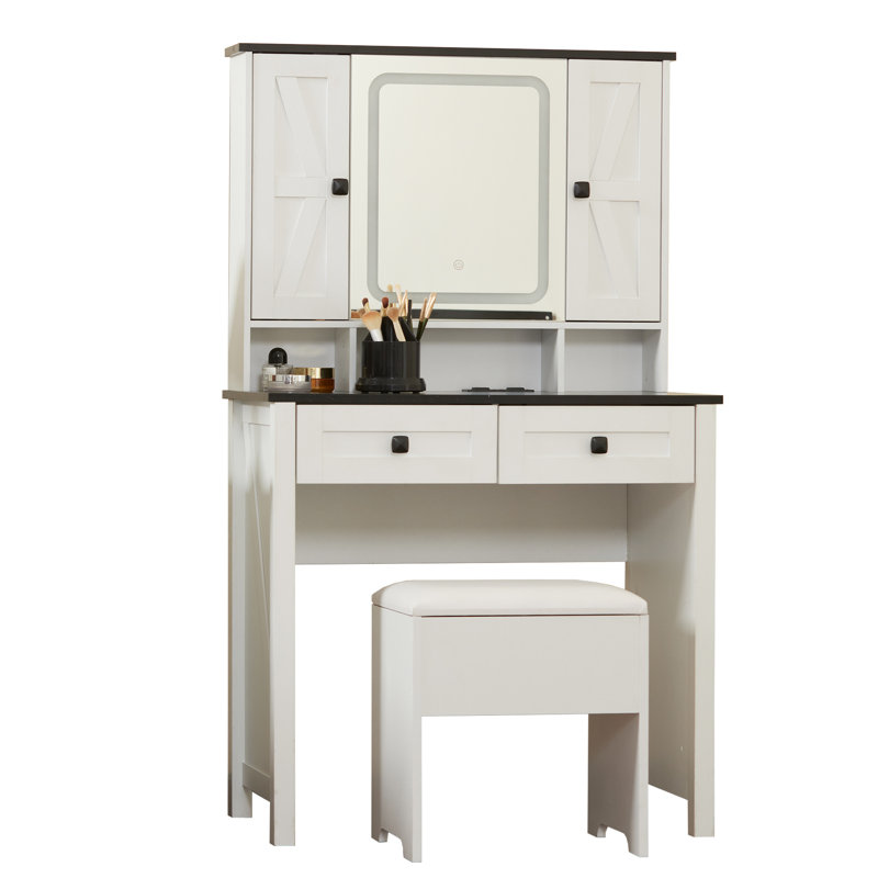 Meuble-lavabo Farmhouse 32 po avec miroir éclairé, station de charge, tiroirs et tablettes, tabouret.