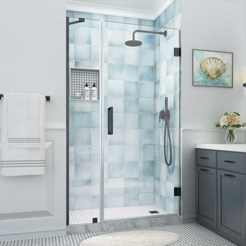 Belmore XL 44.25 - 45.25 in. x 80 in. Frameless Hinged Shower Door with Ultra-Bright Glass, Matte Black, Clear Glass