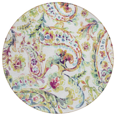 HomeRoots 8' Ivory Fern Green And Artichoke Green Round Paisley Washable Indoor Outdoor Area Rug