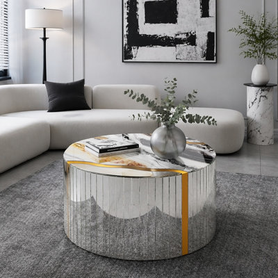 White Marble pattern sticker Round Coffee Table Cylindrical Silver Mirror with Gold Dust Finish Modern Home Decor Compact Center Table