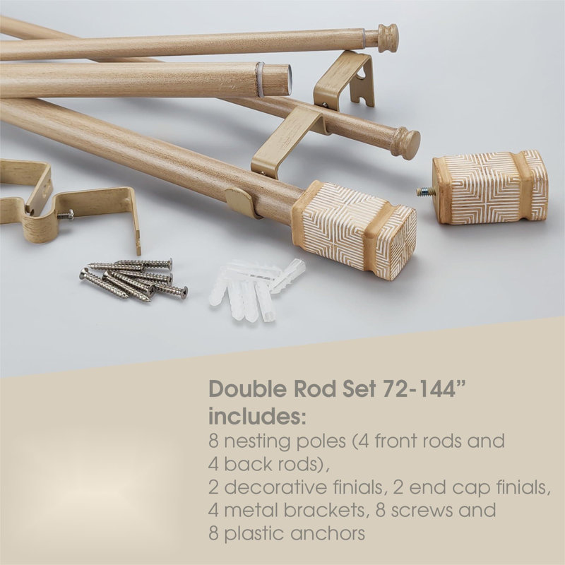 Ensemble de tringle à rideaux double style bohème rustique avec fleuron carré sculpté, 72 à 144 pouces, tringle à rideaux double beige standard pour 1 paquet, 1 pouce de diamètre, longueur réglable