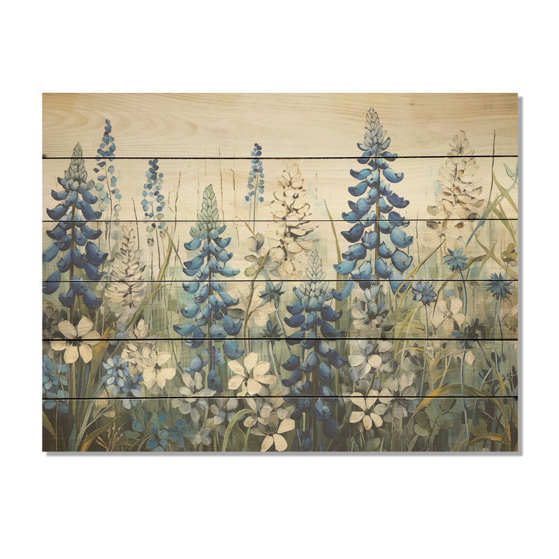 Élégant bleu et beige Bonnets Meadow I - Blue Bonnets, art mural sur bois de pin naturel, H 10 po x l 20 po