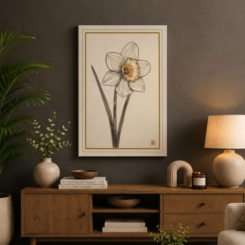 Single Stem in Gold Botanical - Wrapped Canvas, Black Border, 18x12 - 45.7 x 30.5 cm