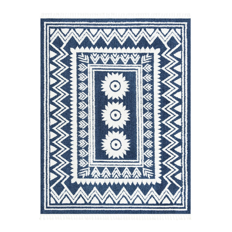 Tapis bleu en polyester tissé à la machine Matsue, Rectangle 9 pi x 12 pi