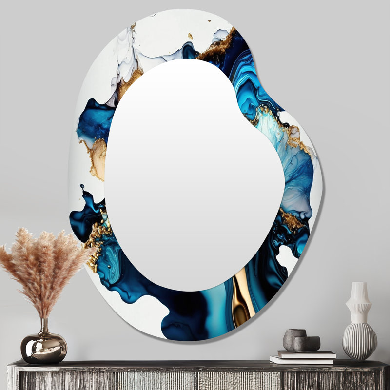 Abstrait marbre géode bleue II - décor de miroir mural unique de forme unique en marbre, grand miroir de forme libre bleu, impression d'art en métal