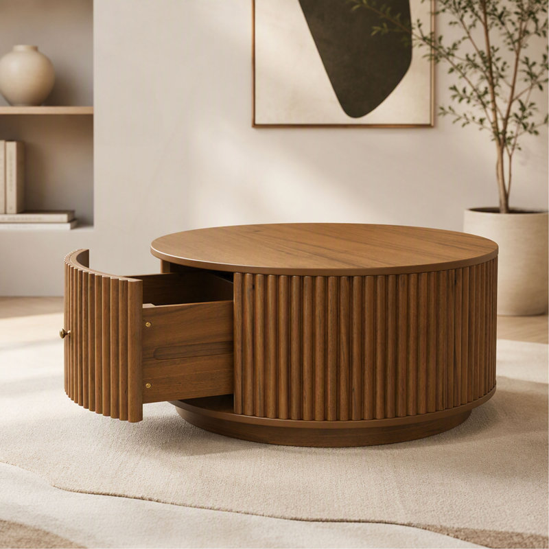 Table basse ronde à tambour cannelé avec deux tiroirs de rangement cachés incurvés, table centrale en bois massif, table basse circulaire moderne de style Mid-Century pour salon et appartement