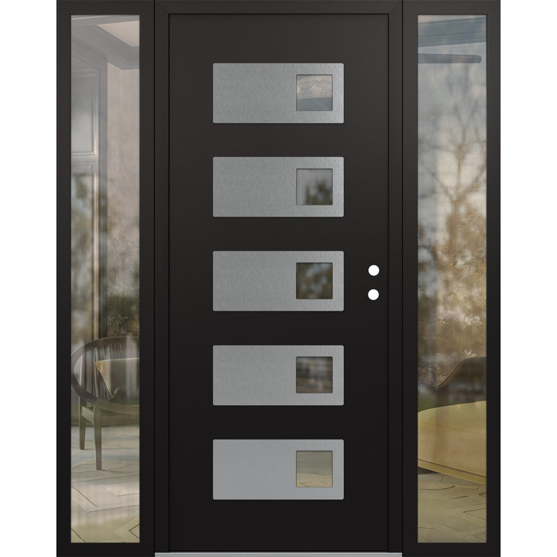 D2 X 80 po Panneau en acier argenté et verre transparent noir et noir avec 2 portes d'entrée avant en verre transparent à panneaux latéraux