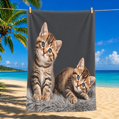 1Pcs Cute Kittens Beach Towel, Featuring Adorable Tabby in a Playful Pose on Dark Gray Background, Ideal for, Swimming, Travel, and Outdoor Activities, Unisex Design