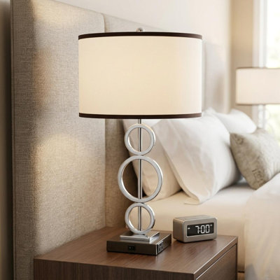 Lampe de chevet 29 po en métal argenté avec abat-jour cylindrique classique à garniture blanche et noire