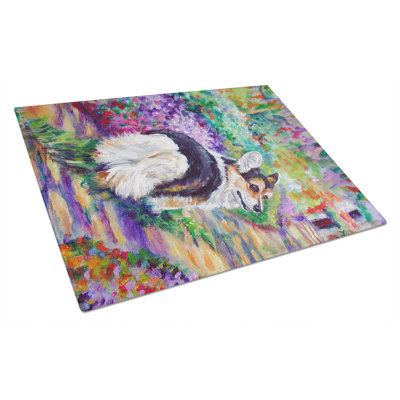 Planche à découper en verre avec chemin de jardin corgi caroline