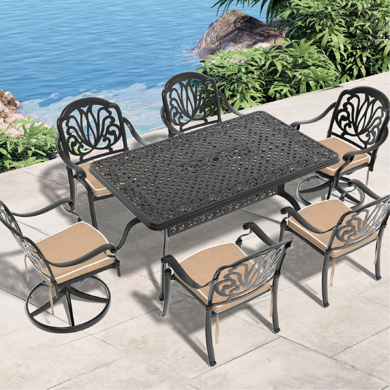 7 repas en fonte d'aluminium pour le jardin. 2 chaises pivotantes, 4 chaises et une table. , Protégé, siège confortable, facile à assembler pour toutes les saisons. Structure en aluminium, confortable, coussins fournis