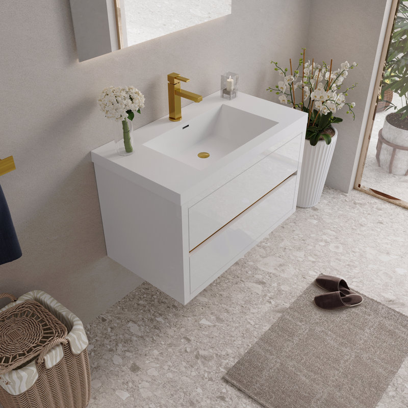 Meuble-lavabo mural 36 po avec lavabo, meuble de rangement flottant avec comptoir en résine de pierre et tiroirs à fermeture en douceur, blanc brillant entièrement assemblé