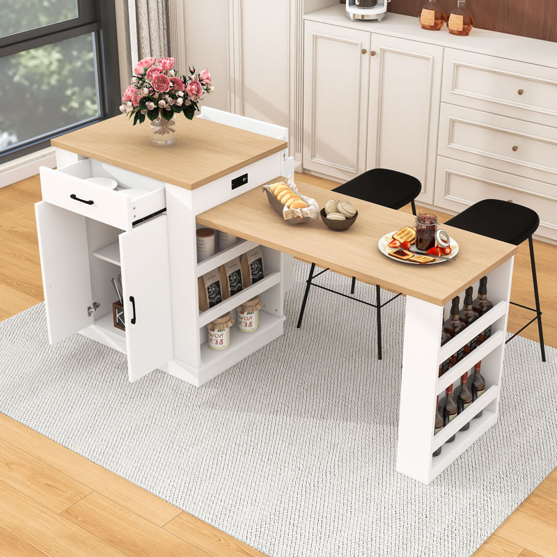 Îlot de cuisine extensible avec tiroirs de rangement, armoire à deux portes, tablettes ouvertes et bar pour le petit-déjeuner