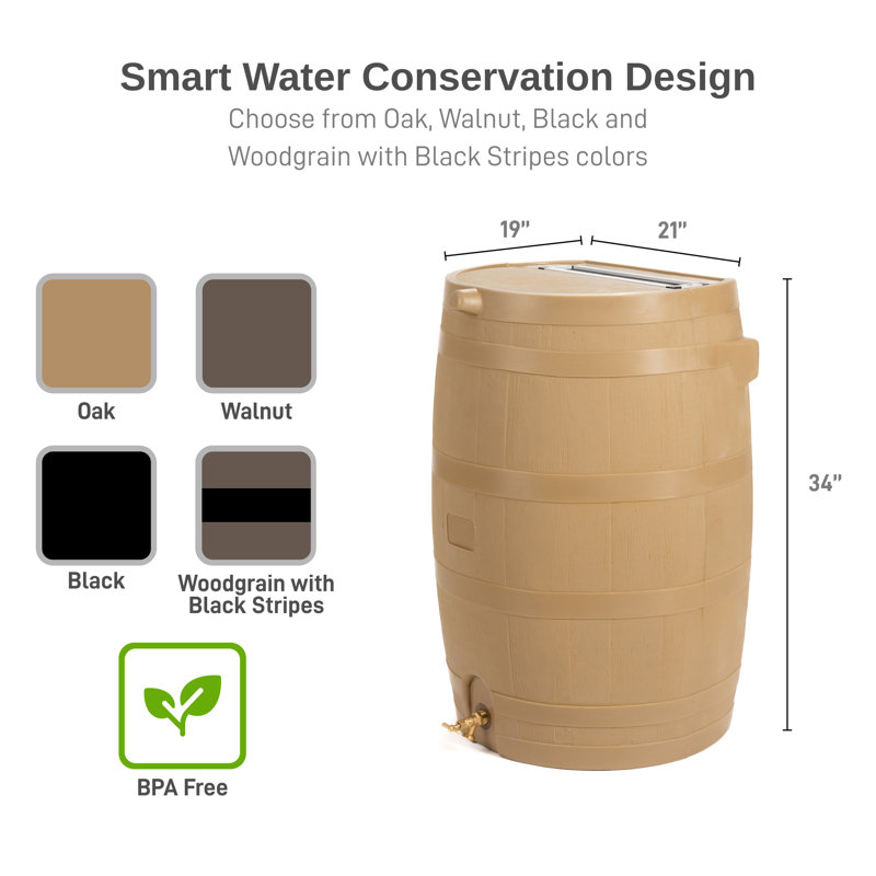 Tan Oak Polyethylene Rain Barrel with Brass Spigot, 50 Gallon