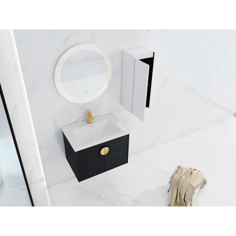 Meuble-lavabo de salle de bain avec lavabo en céramique et rangement latéral - châtaignier noir, configuration de tablette à cadre moderne