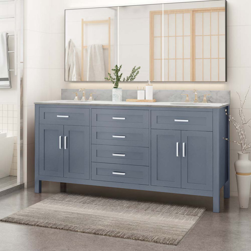 Meuble-lavabo double 73 po avec plateau en marbre Elmano, Gris