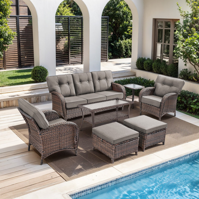 Fiorillo 7-Piece Outdoor Wicker Patio Conversation Set With Cushions/2 Lounge Chairs And Coffee Table, Gray