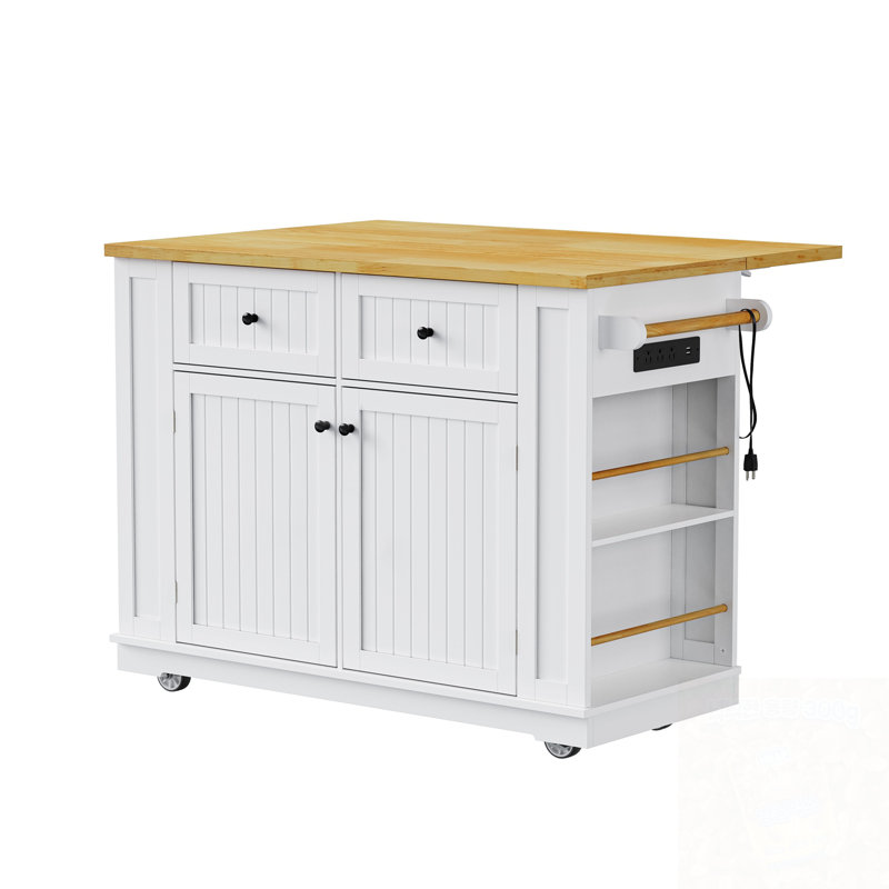 Kitchen Island With 5 Open Side Racks, Drop Leaf And Power Outlet, White