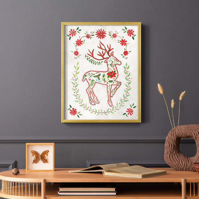 Christmas Folk Reindeer, reproduction d'art encadrée, Cadre doré simple, H 20 po x l 16 po x P 0,75 po