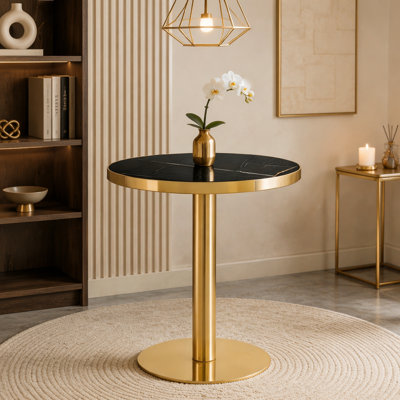 23.6" Round MDF sprayed with UV paint countertop, marble texture, stainless steel edging, metal table legs, modern light luxury edge/coffee table.