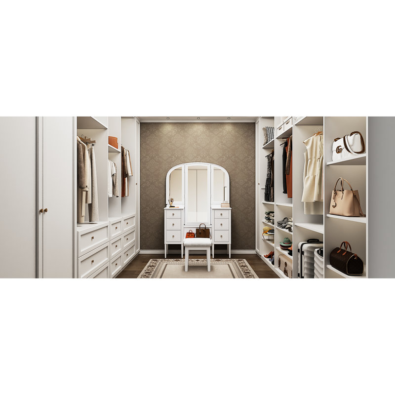 Classic White Makeup Desk With Triple Mirror, 6 Drawers, Upholstered Stool And Full Length Mirror For Dressing Room Decoration Table Comfort Bedroom Beauty