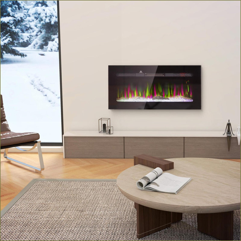 Foyer électrique encastré / mural 36 po avec télécommande, flamme réglable, chauffe-eau 1500 W | Noir | Acier
