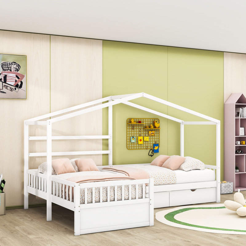 Lit plateforme simple en L en bois avec tiroirs de rangement intégrés, Blanc