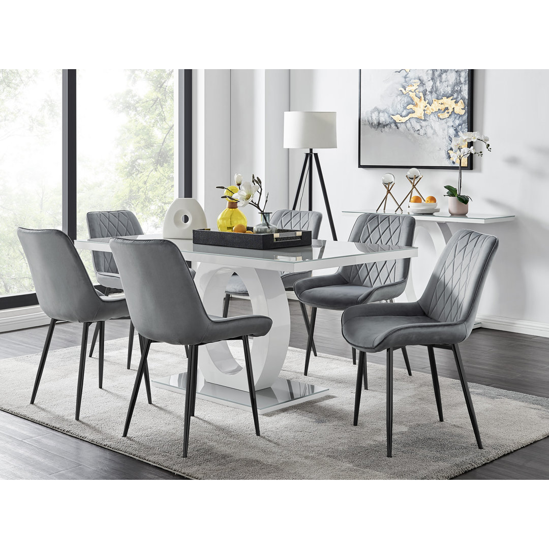 Scottsmoor Modern High Gloss Halo 6 Seater Dining Table Set with Luxury Velvet Dining Chairs East Urban Home Chair 