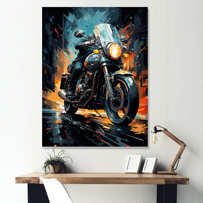Classic Lavish Motorcycle Canvas Wall Art in Blue and Orange
