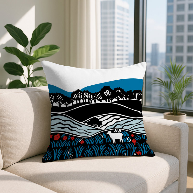 Coussin décoratif intérieur / extérieur Voldy Floral Landscape, Turquoise, Carré 19 po