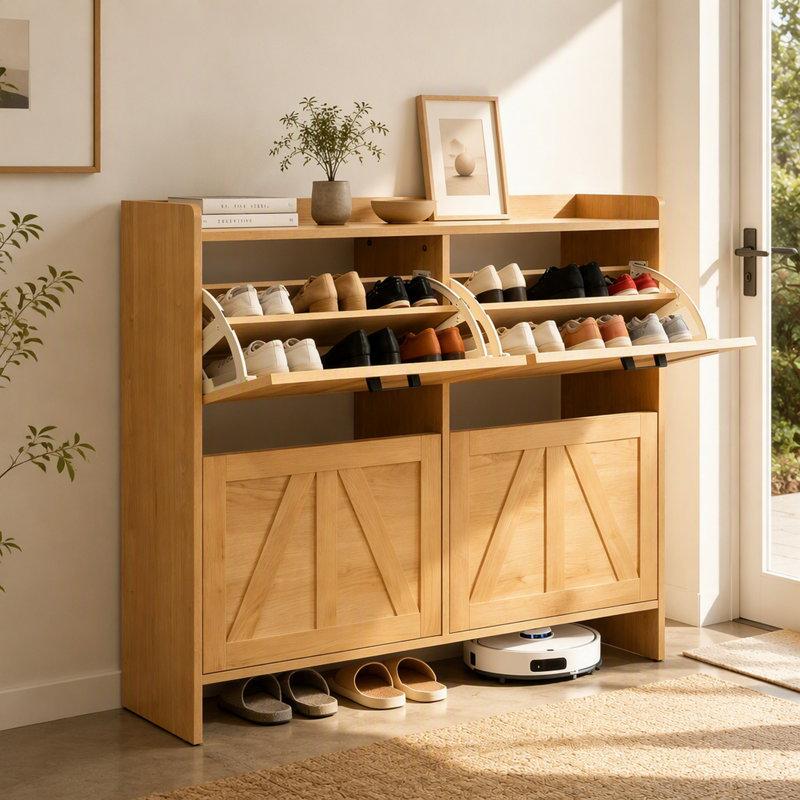 Meuble en chêne clair, 4 tiroirs à charnières, rangement gain de place, entrée, salon