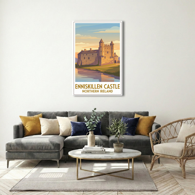 Enniskillen Castle, Northern Ireland - Romantic Travel Poster in Warm Sunset Hues. Giclee Print on Wrapped Canvas. Wall Art, Home Decor - Castles & Palaces, Northern Ireland 1 Piece Wrapped Canvas Wall Art