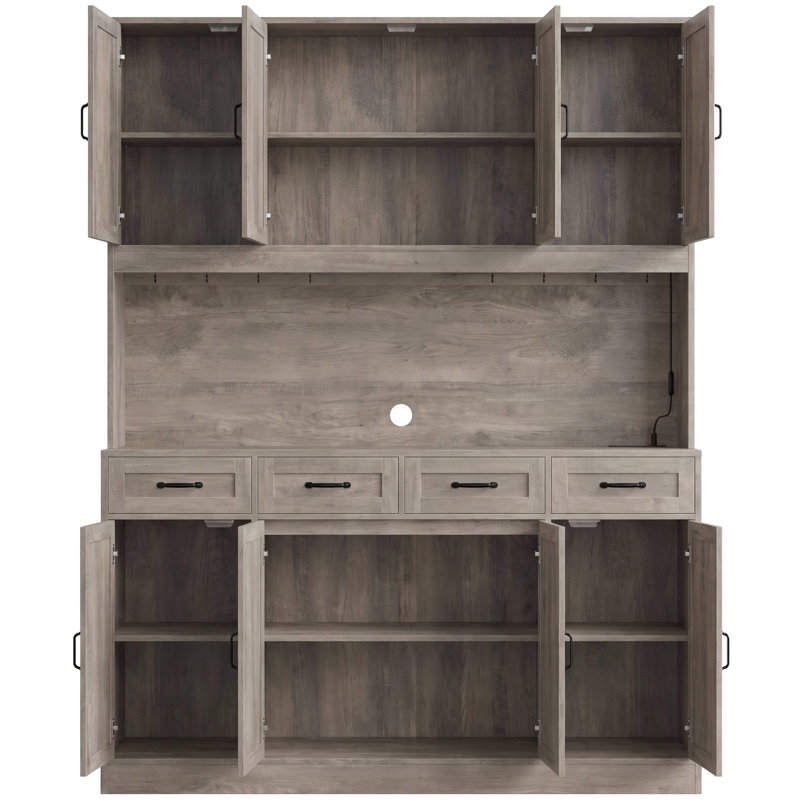 Armoire de cuisine en bois avec tablettes réglables, lumières DEL et prises de courant H 73,2 po x l 59,2 po, Gris