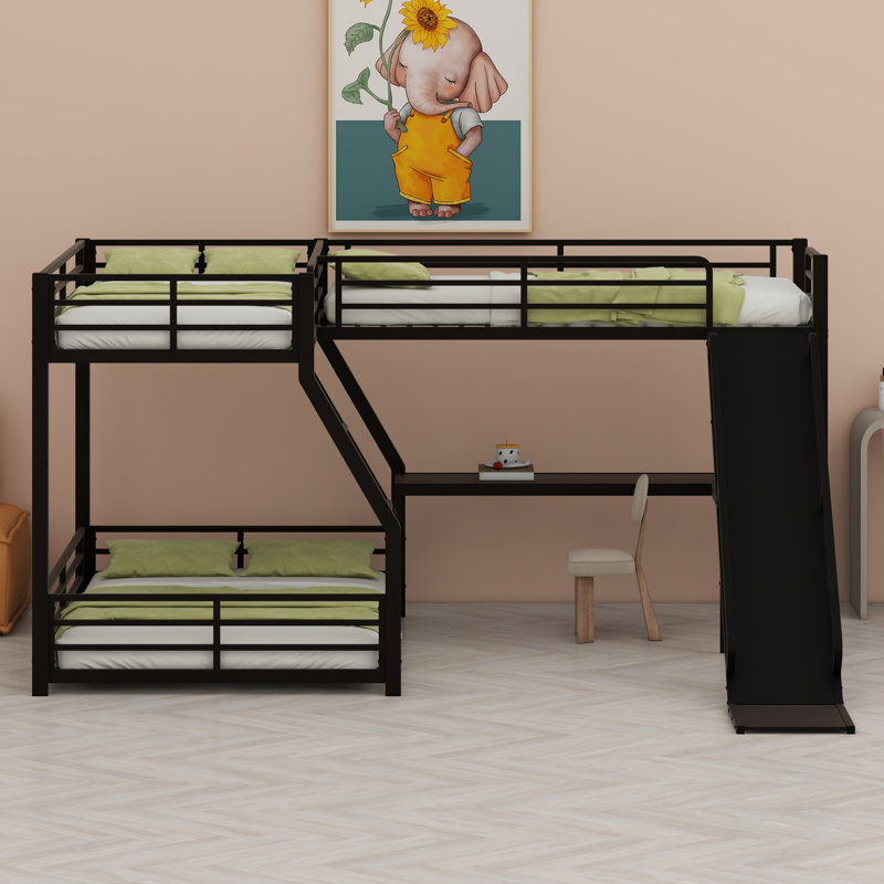 Lit superposé en L avec lit mezzanine, lit superposé triple en métal avec glissade et ports USB, Jumeaux sur complet