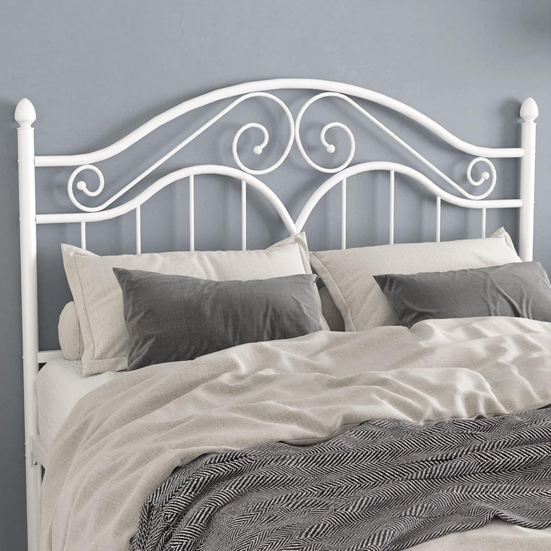Structure de lit double en métal avec tête de lit rétro, lit plateforme avec rangement de 11 pouces, aucun sommier requis, blanc